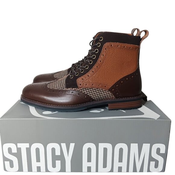 STACY ADAMS Men's NEW‎ Brown Houndstooth Comfort Oswyn Wingtip Toe Boots Size 8M - Picture 1 of 7